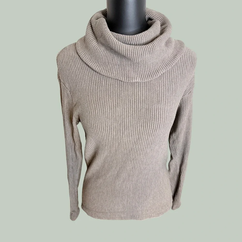 Rachel Zoe Cowl Neck Sweater Womens Small Taupe Ribbed Knit Long Sleeve Top